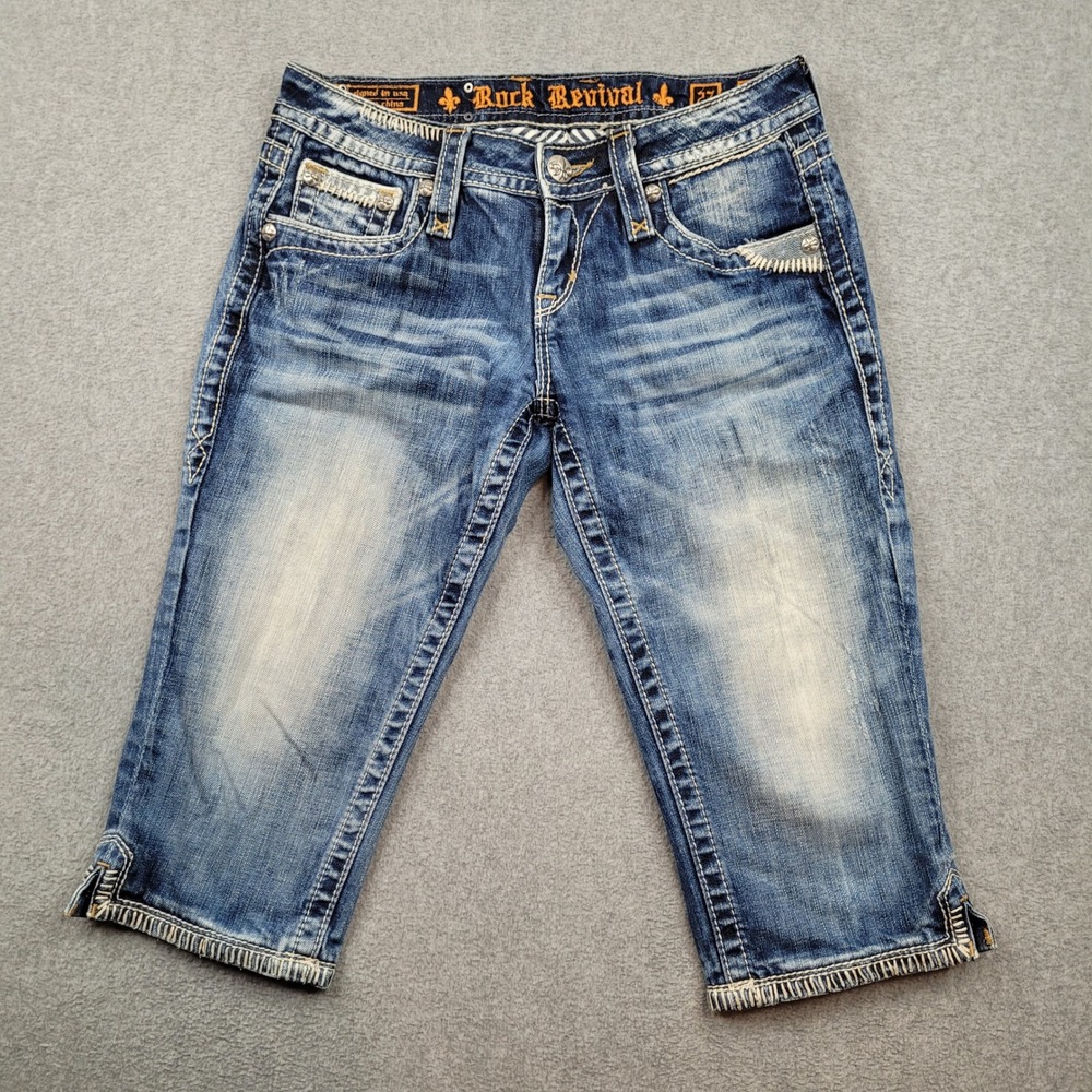 Rock Revival Karlie Capri Jeans Womens 27 Blue Thick Stitch Distressed E8218P6